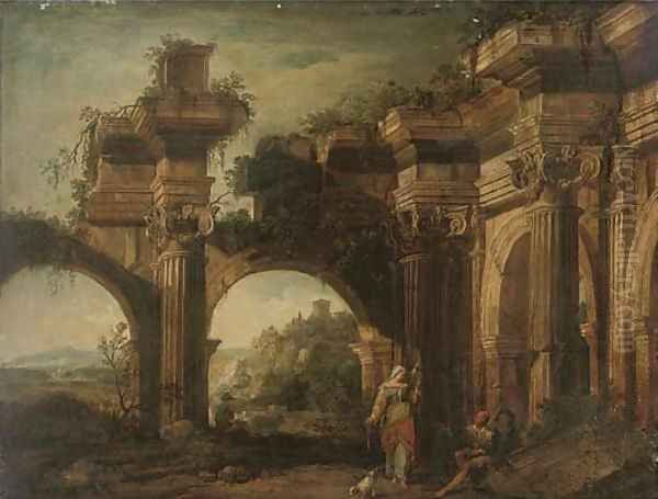 A capriccio of classical ruins with figures in the foreground Oil Painting by Viviano Codazzi