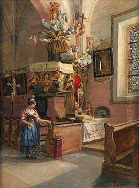 Junge Spenderin In Tracht Neben Barockem Seitenaltar Oil Painting by Hans Hamza