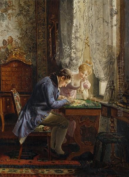 Decorating A Fan Oil Painting by Johann Hamza