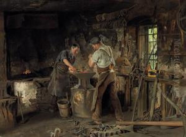 The Blacksmith's Forge Oil Painting by Johann Hamza