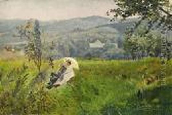 Summerly Landscape With Resting Couple Oil Painting by Johann Hamza