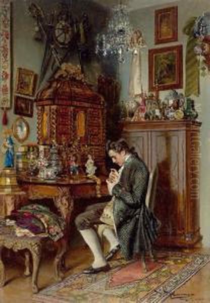 Interior With A Young Man. Oil Painting by Johann Hamza