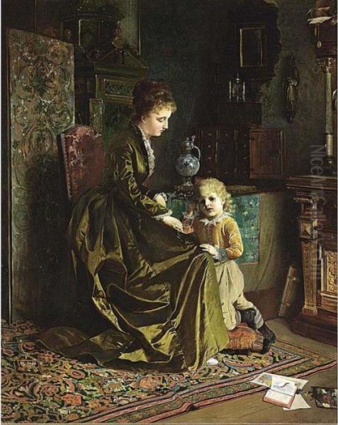 Waiting For Father's Homecoming Oil Painting by Johann Hamza