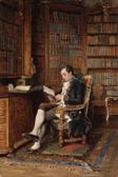 A Gentleman Reading In The Library Oil Painting by Johann Hamza