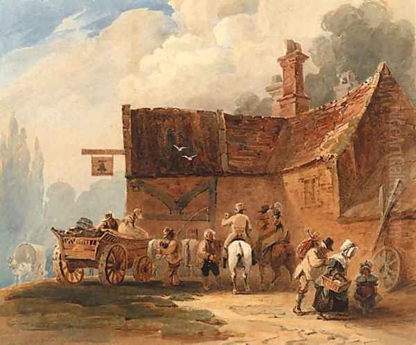 Figures and a waggon outside the Bell Inn Oil Painting by Luke Clennell