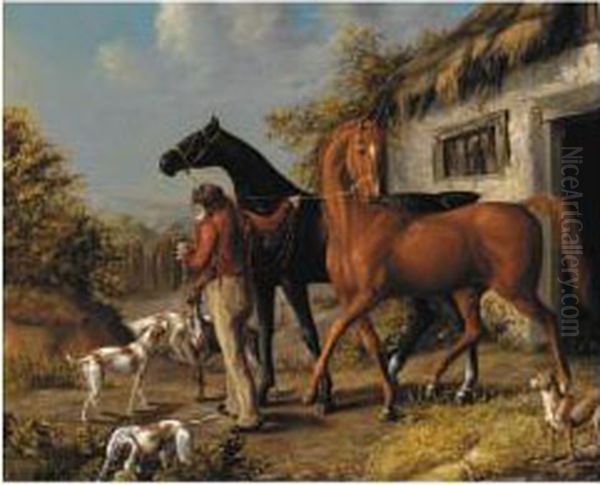 Two Hunters And A Groom Outside A Stable Oil Painting by Thomas Hand