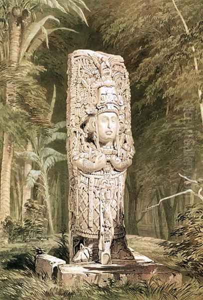 Carved stone idol from Copan Oil Painting by Frederick Catherwood