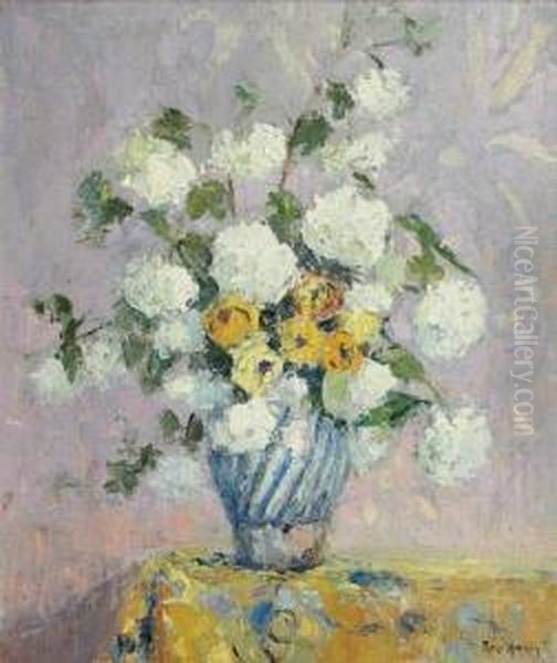 Bouquet De Fleurs, Boule De 
Neige 1928 Huile Sur Toile Marouflee Sur Panneau Signee En Bas A Droite. Oil Painting by Rene Hanin