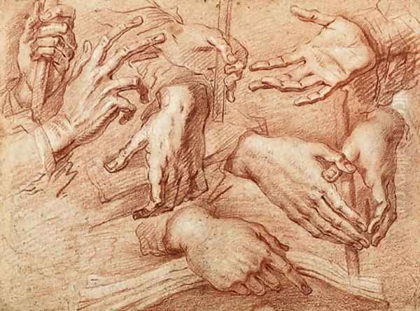 Eight studies of hands, one holding a stick, another a cross or book Oil Painting by Giovanni Battista Crespi (Cerano II)