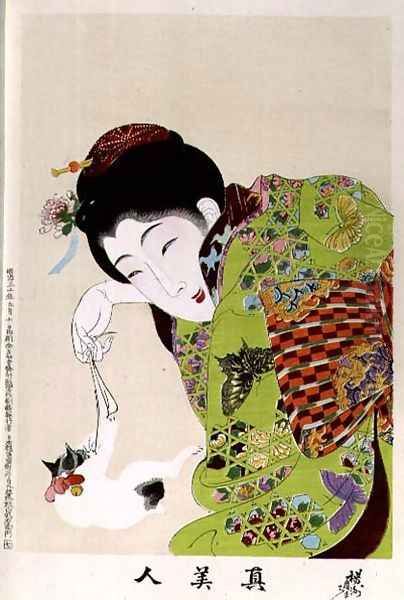 1973-22c Shin Bijin (True Beauties) depicting a woman playing with a kitten, from a series of 36, modelled on an earlier series Oil Painting by Toyohara Chikanobu