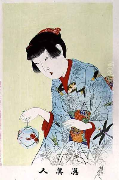 1973-22c Shin Bijin (True Beauties) depicting a woman holding a goldfish bowl, from a series of 36, modelled on an earlier series Oil Painting by Toyohara Chikanobu