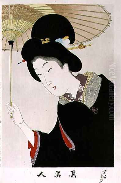 1973-22c Shin Bijin (True Beauties) depicting a woman with a parasol, from a series of 36, modelled on an earlier series Oil Painting by Toyohara Chikanobu