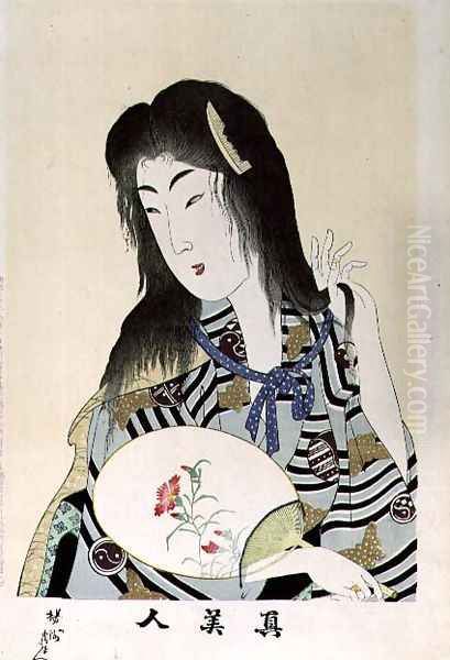 1973-22c Shin Bijin (True Beauties) depicting a woman with a fan, from a series of 36, modelled on an earlier Oil Painting by Toyohara Chikanobu