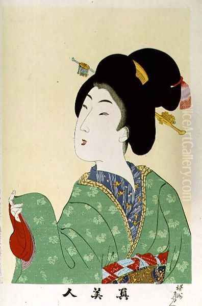 1973-22c Shin Bijin (True Beauties) depicting a woman in a green floral kimono, from a series of 36, modelled on an earlier series Oil Painting by Toyohara Chikanobu