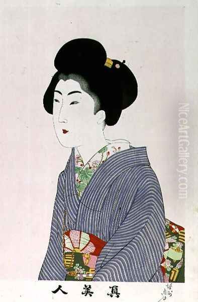 1973-22c Shin Bijin (True Beauties) depicting a seated woman, from a series of 36, modelled on an earlier series Oil Painting by Toyohara Chikanobu