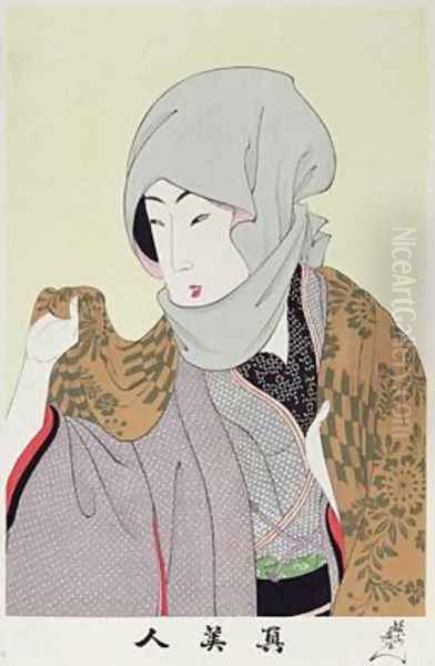 1973-22c Shin Bijin (True Beauties) depicting a woman with a headscarf, from a series of 36, modelled on an earlier series Oil Painting by Toyohara Chikanobu