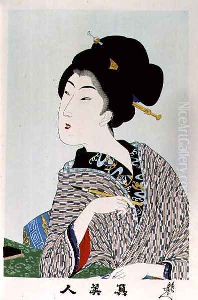 1973-22c Shin Bijin (True Beauties) depicting a woman holding a paintbrush, from a series of 36, modelled on an earlier series Oil Painting by Toyohara Chikanobu