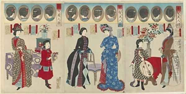 Comparison of Beautiful Women in Western Coiffures Meiji era Oil Painting by Toyohara Chikanobu