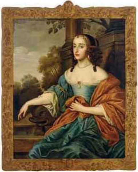 Portrait Of A Lady Wearing A Blue Dress, Seated In Alandscape Oil Painting by Adriaen Hanneman