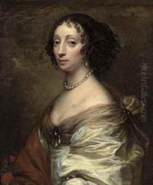 Portrait Of A Lady, Bust-length,
 In A White Satin Dress, With A Broach And Pearls, A Red Flower In The 
Foreground Oil Painting by Adriaen Hanneman