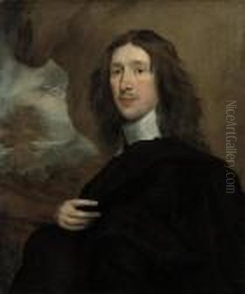 Portrait Of A Gentleman, Half-length, In Black Robes, In A Landscape Oil Painting by Adriaen Hanneman