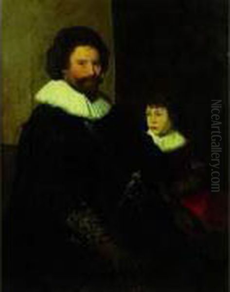 Portrait De Gentilhomme Et Son Fils Oil Painting by Adriaen Hanneman