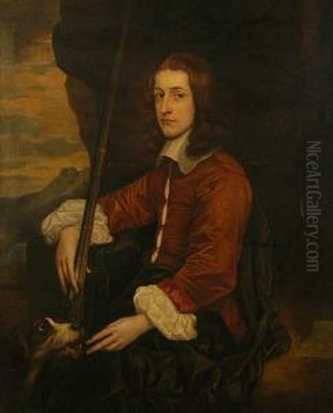 A Portrait Of Francis Potts 
Seated Half Length With His Gun And Hound, A Landscape Beyond Oil Painting by Adriaen Hanneman