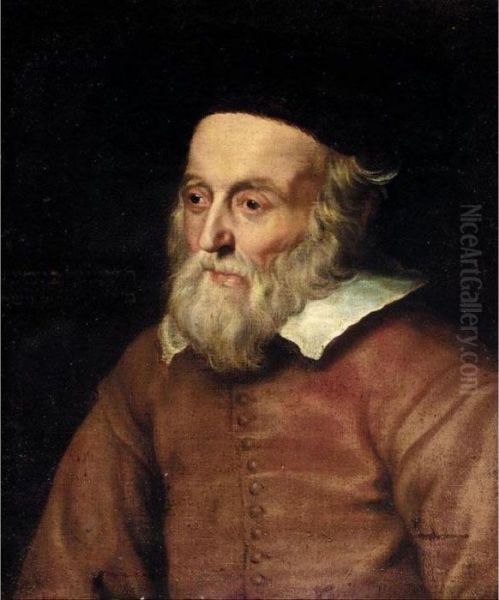 Portrait Of A Rabbi, Half Length, Wearing A Red Jacket And A Fur Hat Oil Painting by Adriaen Hanneman