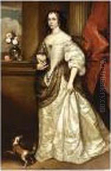 A Portrait Of A Lady, Standing 
Full Length, Wearing A White Silk Dress With Green Shawl And Pearl 
Jewellery, Holding A Lapdog Oil Painting by Adriaen Hanneman