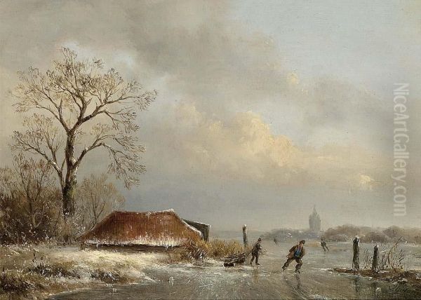 Skaters On A Frozen Waterway Oil Painting by Josephus Gerardus Hans