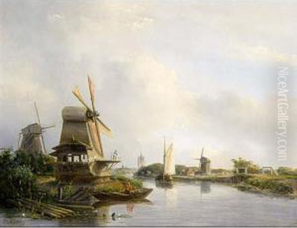 A River Landscape With Boats And An Angler Near A Mill Oil Painting by Josephus Gerardus Hans