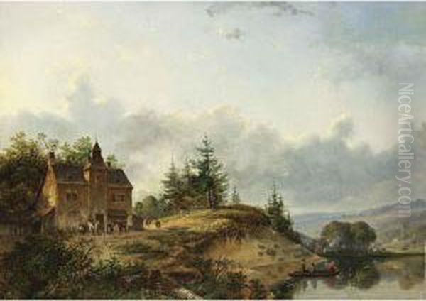 Figures Near A Country House Oil Painting by Josephus Gerardus Hans