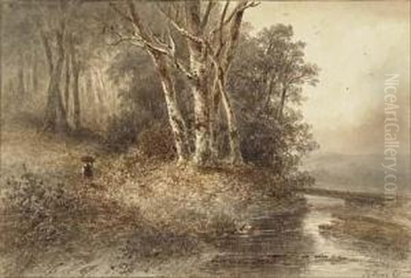 Wooded Landscape At Sorgvliet With A Peasant Near The Bank Of Astream Oil Painting by Josephus Gerardus Hans