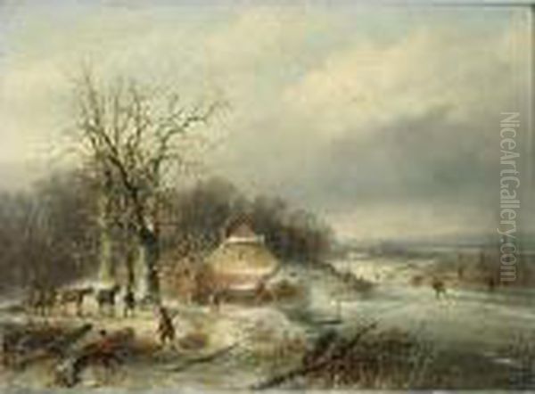 Winter Landscape With Skaters And Woodgatherers Oil Painting by Josephus Gerardus Hans