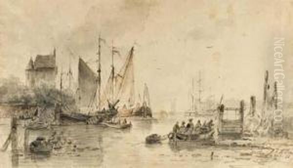 Moored Sailing Vessels Oil Painting by Josephus Gerardus Hans