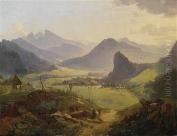 View Of A Mountainous Landscape Oil Painting by Anton Hansch