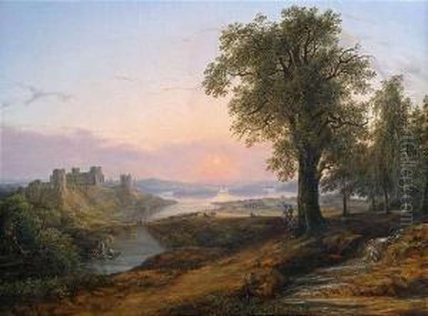 Extensive River Landscape At Evening Light Oil Painting by Anton Hansch