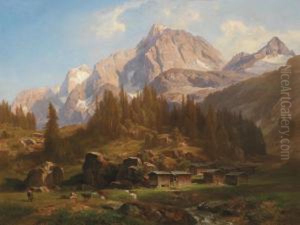 Alp Breitlahner Inthe Zillertal Oil Painting by Anton Hansch