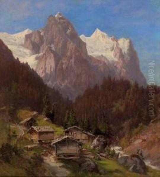 Almhutten Amwildbach Mit Vell- Und Wetterhorn - Schweiz Oil Painting by Anton Hansch