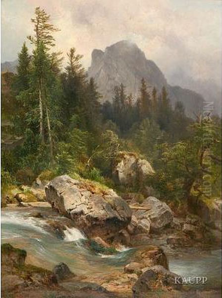 Blick Auf Einen Bewegten 
Flusslauf Mit Felsen Vorbewaldeter Alpenlandschaft Mit Gebirgsmassiv In 
Der Ferne Oil Painting by Anton Hansch