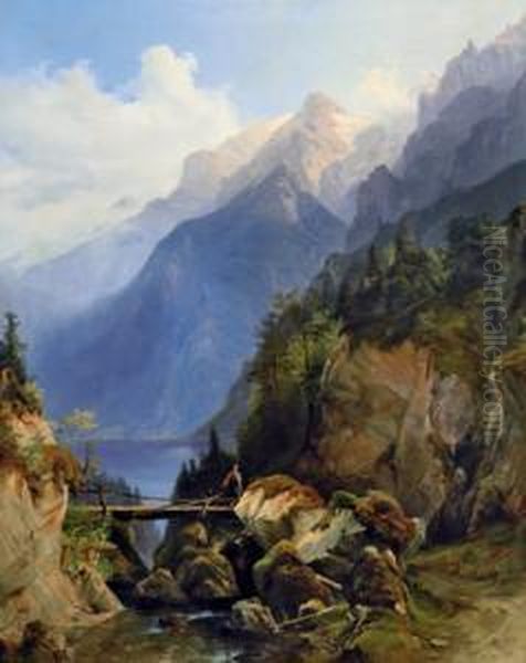 Gebirgslandschaft Mit Holzsteg Uber Einem Wildbach Oil Painting by Anton Hansch