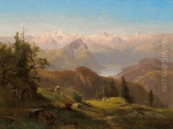 Fernblick Auf Die Hohen Tauern Mit Grossvenediger Und Dreiherrnspitze Oil Painting by Anton Hansch