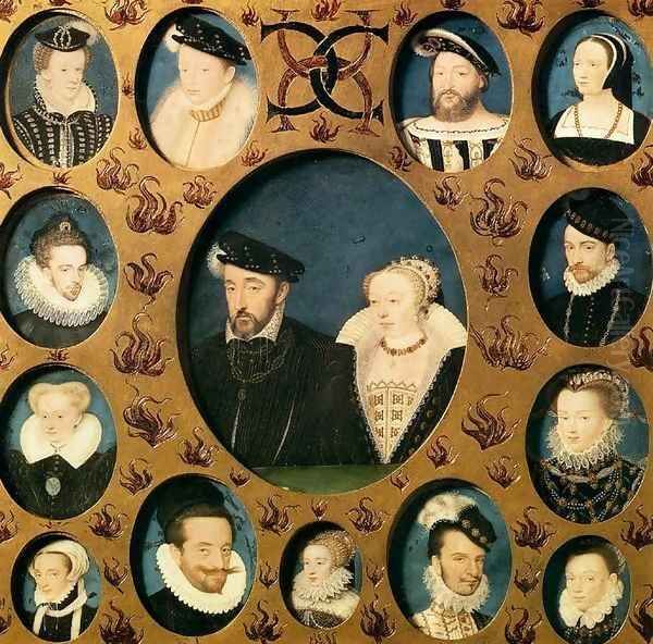 Henri II of Valois and Caterina de' Medici, Surrounded by Members of Their Famil Oil Painting by Francois Clouet