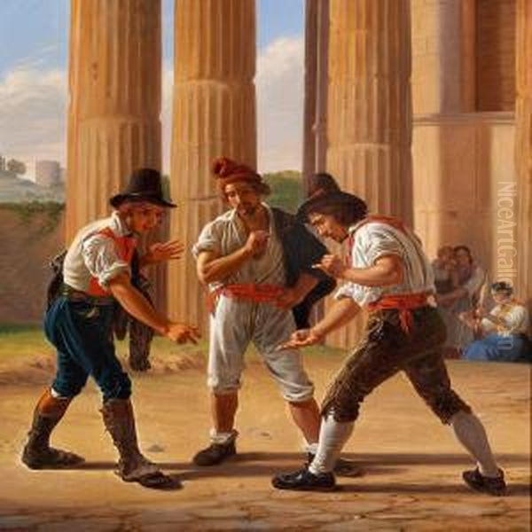 Three Roman Morra Players Oil Painting by Constantin Hansen