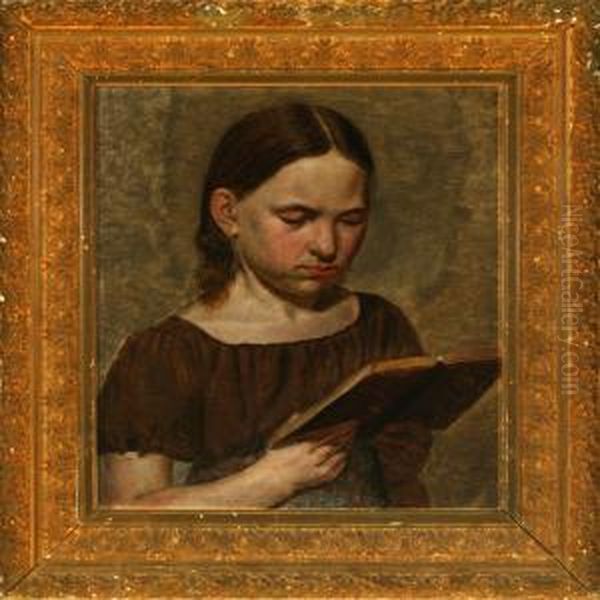 Portrait Of Reading Girl Oil Painting by Constantin Hansen