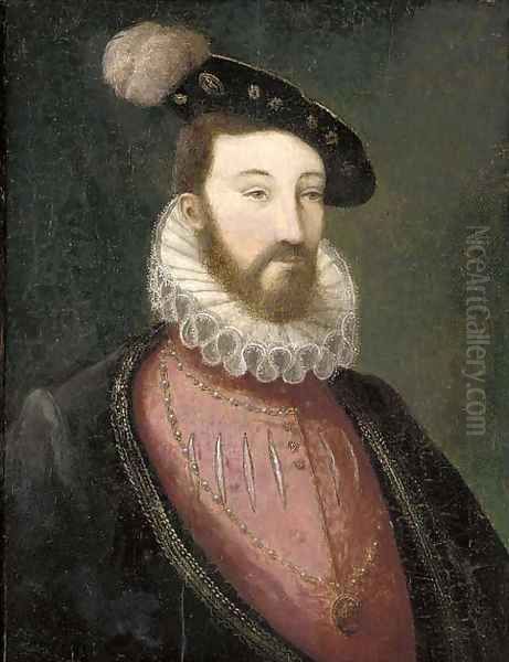 Portrait of a bearded nobleman, in a pink slashed doublet with a white ruff and a black jacket, wearing a medallion Oil Painting by Francois Clouet