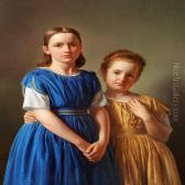 Double Portrait Of The Sisters Bertha Marie Weis And Angela Jacobe Weis Oil Painting by Constantin Hansen