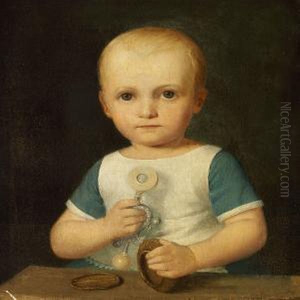 A Little Child Playing With Toys Oil Painting by Constantin Hansen