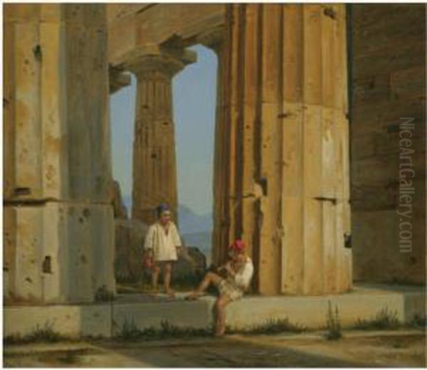 Neptuns Tempel Ved Pestum (the Temple Of Poseidon, Paestum) Oil Painting by Constantin Hansen