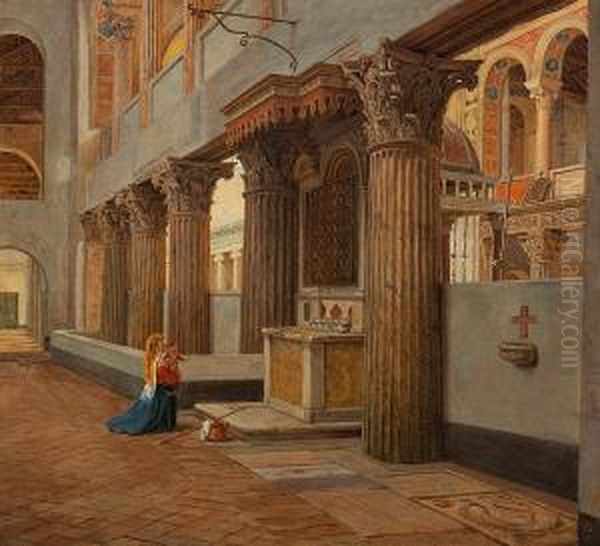 Interior From The Church Saint Lorenzo Fuori In Rome Oil Painting by Constantin Hansen